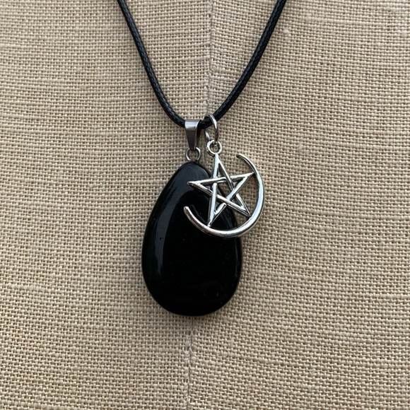 Handmade Obsidian Teardrop Stone Amulet with Pentagram Star and Moon Charm - Picture 7 of 7